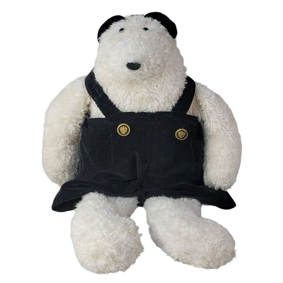 Woof & Poof Polar Bear Plush White 19" Black Velvet Overalls Gold Button Vintage - Picture 3 of 11